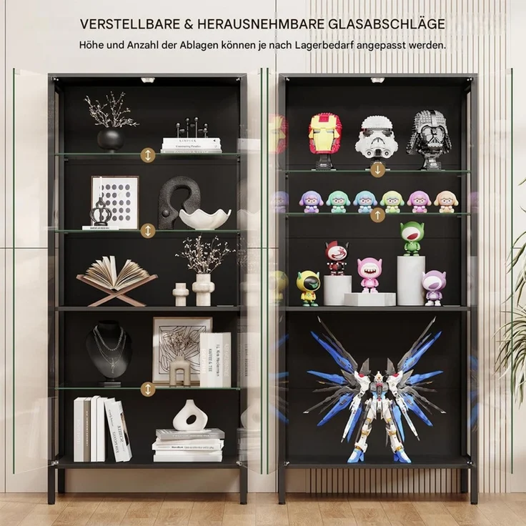 Glasvitrine 75x35x162.5 cm, 5-stöckige Vitrine mit LED-Beleuchtung, verstellbaren Glasböden und Sensor, Schwarz – Bild 8