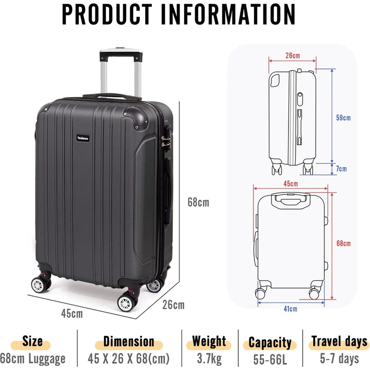 Todeco Mittelgroßer Koffer Trolley 68cm, Zwillingsrollen Reisekoffer Koffer Trolleys, 4 Rollen Leicht Hartschale aus ABS Aufgabegepäck, 68x45x26cm, 66 Liter, Anthrazitgrau – Bild 5