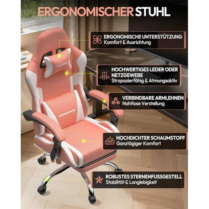 Dowinx Gaming Stuhl Bürostuhl Massage Gaming Sessel mit höhenverstellbaren Linkage-Armlehnen, ergonomischer Gamer Stuhl mit Fußstütze, gepolstert Gaming Chair 150° neigbar bis 180 kg, Rosa – Bild 8