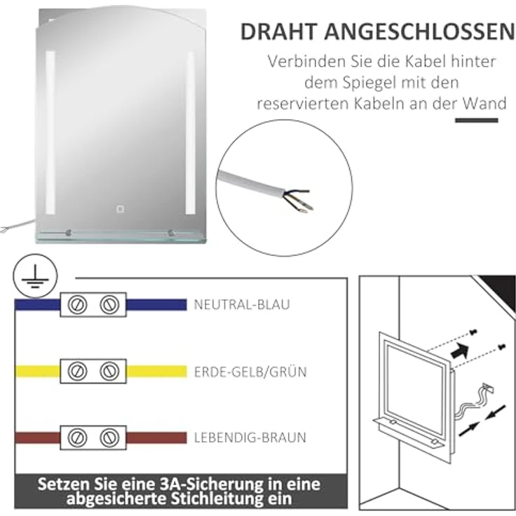 HOMCOM kleankin Badspiegel mit LED-Beleuchtung, 50 x 70 cm, Touchschalter, Glasablage, Memory-Funktion, 3 Lichtfarben, Silber – Bild 5
