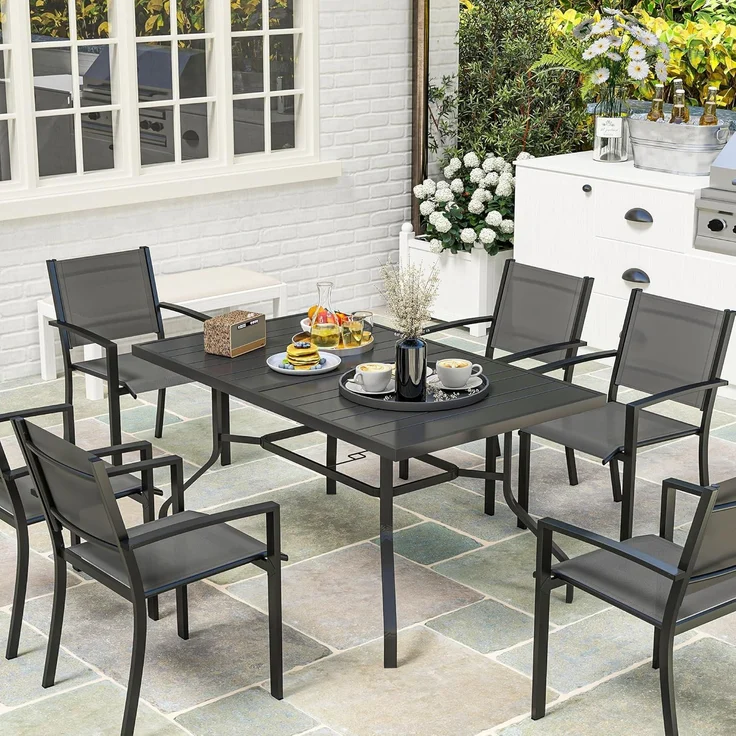 Outsunny Gartentisch mit Schirmloch, Latten-Design (wetterfest Balkontisch, 1-St, rechteckig Beistelltisch), 152 x 90 cm, für Garten, Balkon, Schwarz – Bild 9