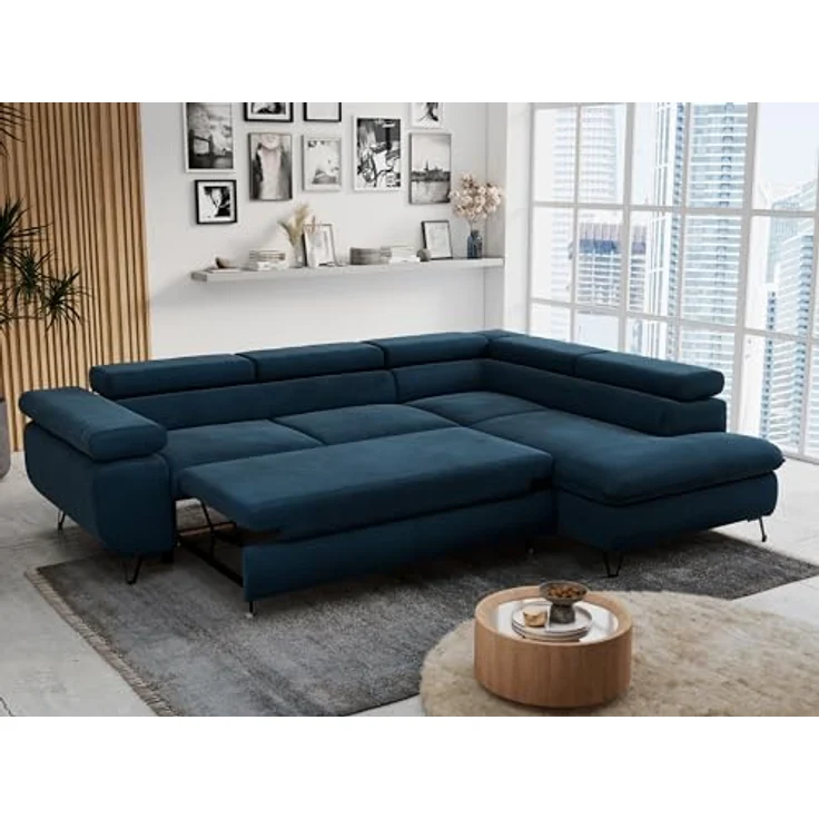 Mks Möbel 'Peter L-form' Ecksofa mit Bettfunktion, Bettkasten & einstellbaren Kopfstützen, Dunkelblau, Velours, rechts – Bild 6