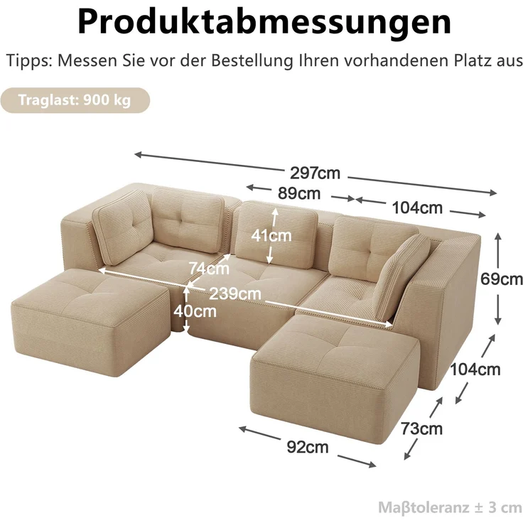 EINHOM Rahmenloses, U-förmiges Ecksofa, modulares Sektionssofa mit Ottomane, geeignet für das Wohnzimmer, dreisitziges Cord-Sofa mit tiefer Sitzfläche, keine Montage erforderlich, Beige – Bild 2