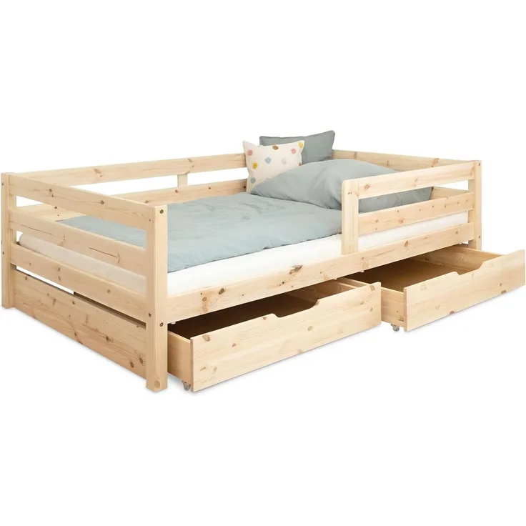 Ehrenkind Kinderbett aus massivem Kiefernholz mit Rausfallschutz in Natur und Weiß (Jugendbett in Natur, Kinder Bett), Kinderbett 90x200 cm