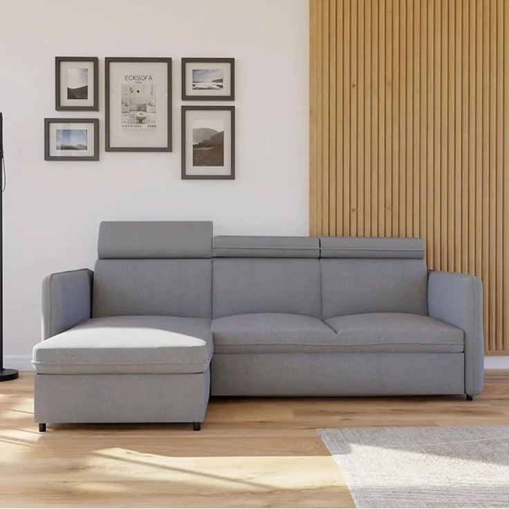 Hellgraues Ecksofa (mit Schlaffunktion und Stauraum), Maße 220 x 160 cm. – Bild 4