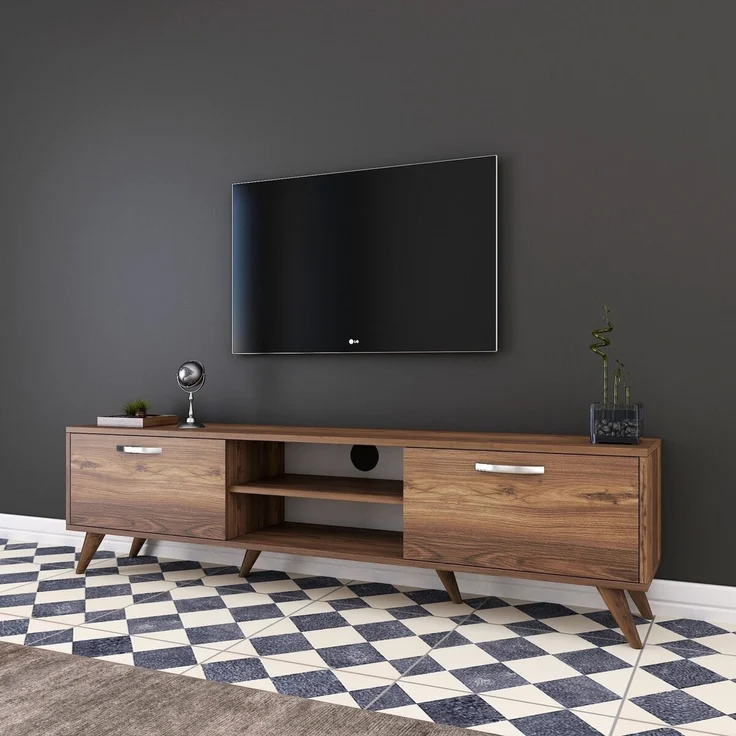 Calicosy TV-Möbel, 2 Klapptüren, 2 offene Fächer in der Mitte Dekor Walnussholz B180 cm - Dunkles Holz – Bild 6
