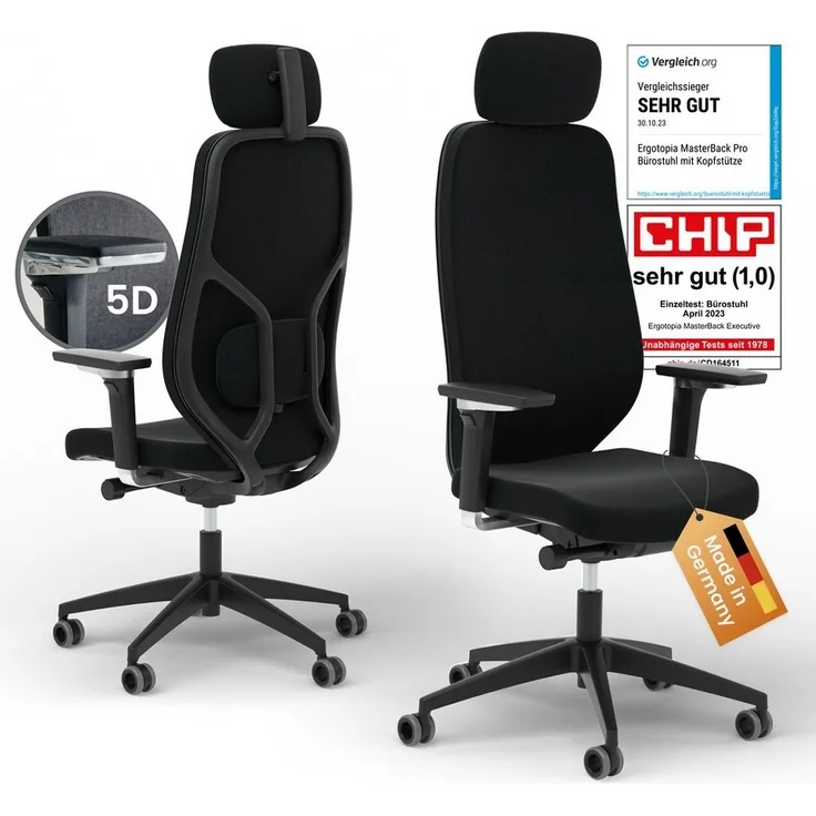 Ergotopia Bürostuhl MasterBack ergonomischer Schreibtischstuhl mit Kopfstütze (bereits montiert)