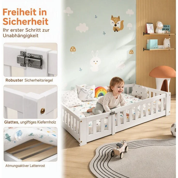 Simurq Kinderbett mit Sicherheitsgitter, Bodenbett aus Massivholz, Montessori Bett (1 tlg, ohne Matratze, Mit Lattenrost), Bodenbett für Kleinkinder, Minimalistisch, Niedrigbett, Weiß – Bild 4