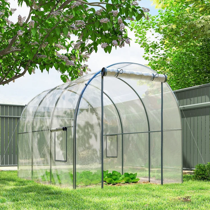 Wohnora-6 m² Tunnelgewächshaus (3 m L x 2 m B x 2 m H) mit verstärktem Rohrrahmen, Reißverschlusstür und 2 aufrollbaren Fenstern – transparent,H 2000cm x T 1100cm x B 2000cm – Bild 2