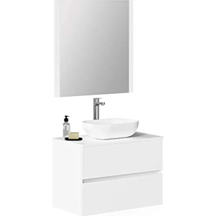 Baikal Onyx Badmöbel montiert, Möbel mit 2 Schubladen, Badezimmermöbel mit Waschbecken, Hängeschrank, Wandschrank, Keramikwaschbecken, inkl. Spiegel, 70 cm, Weiß – Bild 2