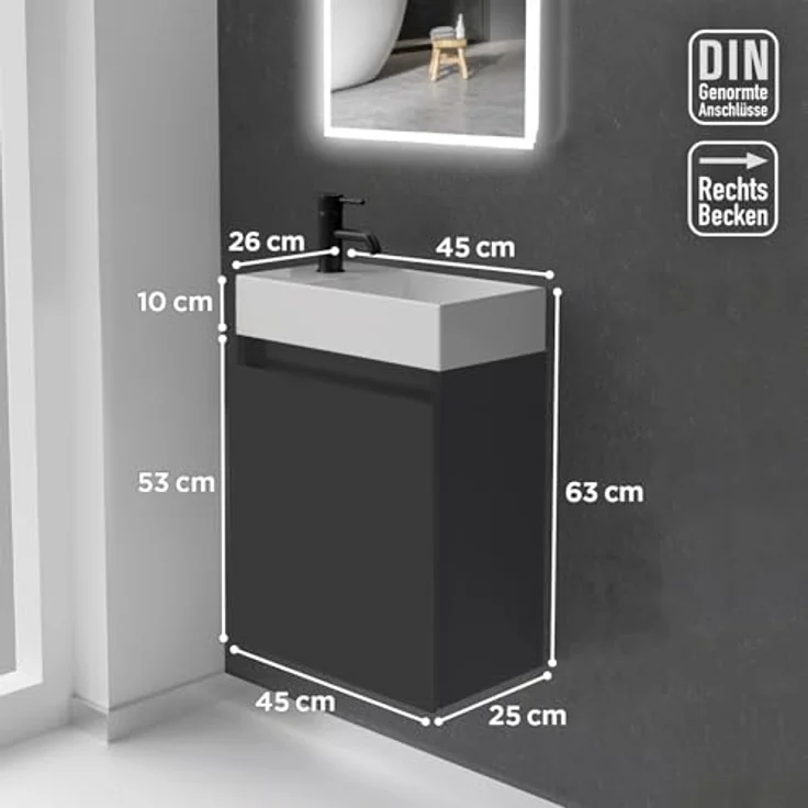 Alpenberger Badmöbel-Set Gäste WC Waschbecken mit Unterschrank - Badschrank Hängend, (2-tlg. Waschtisch Set Schwarz, Waschbeckenunterschrank mit Softclose), Waschplätze für Kleine Bäder - Badschrank Hängend und Vormontiert – Bild 7