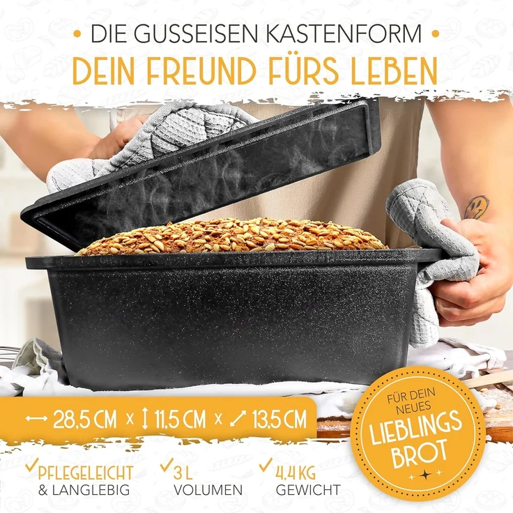 Krustenzauber Brotbackform mit Deckel inkl. Gärkorb - Robuste 28cm Backform aus Gusseisen, (Ideal als Kastenform, Toastbrot Backform), Brotform, Gusseisen Topf Brot backen Zubehör, Brottopf – Bild 5