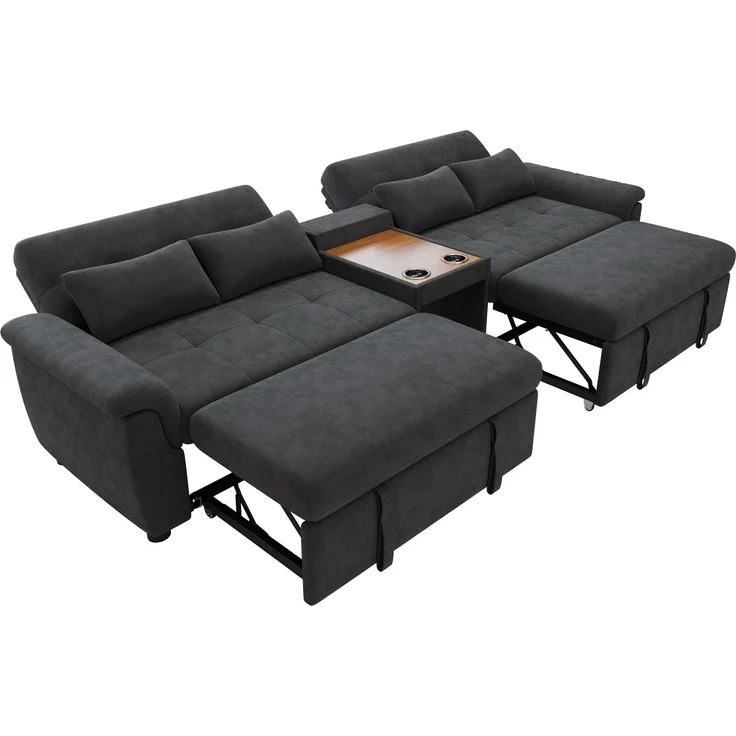 Merax U-förmiges Schlafsofa, ausziehbar, Doppel-Schlafauszug, verstellbare Rückenlehne, Haustierbereich, Couchtisch mit 2 Becherhaltern, 4 Kissen, Chenille, Dunkelgrau, 284×138×89 cm – Bild 10