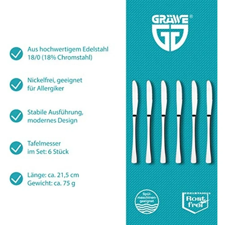 Tafelmesser 6 Stück Edelstahl, Serie WÜRZBURG – Bild 2