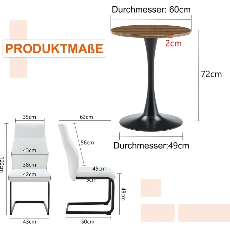 Esstischgruppe H 72 x T 60 x B 60 cm mit MDF-Tischplatte, weißen PU-Leder-Stühlen und schwarzem Metallgestell, mit 2 Stühlen – Bild 4