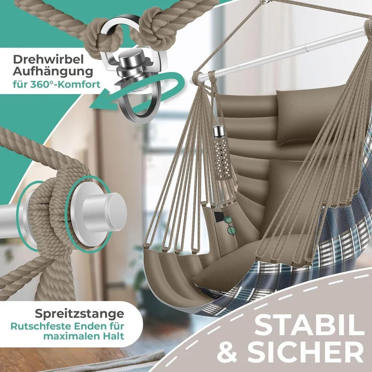 KESSER® Hängesessel Haiti 150kg Traglast, Hängestuhl 360° Drehung, Hängeschaukel Indoor-Outdoor UV-beständig & Wasserfest, Pflegeleicht, Inkl. 2 Kissen, Tragetasche, Flaschenhalter & Montage-Set Mocca – Bild 3