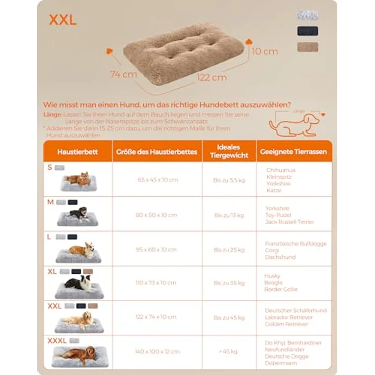 Feandrea Hundebett, Hundekissen, Flauschige Hundematte, Langer Plüsch, 122x74 cm, weiche Polsterung, waschbar, multifunktional, Kamelbraun PGW204K01 – Bild 6