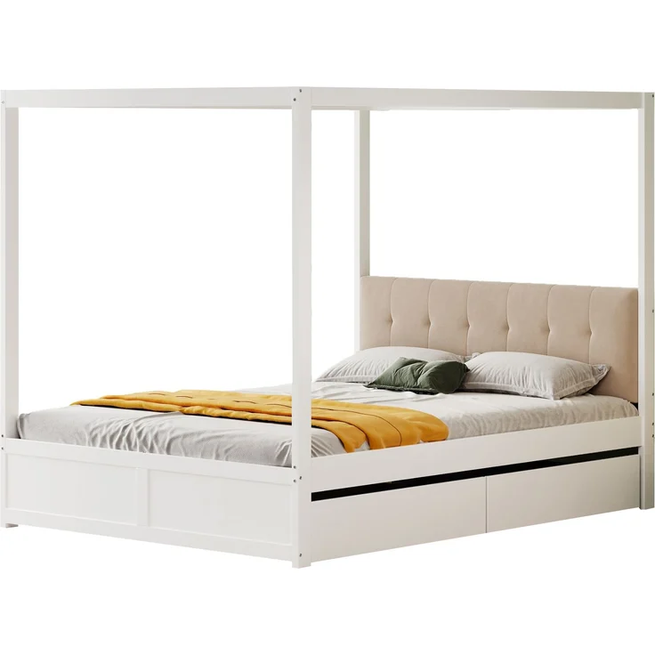 Zeltbett 140×200 cm mit gepolsterter Rückenlehne und 2 Schubladen –Weiß,Holz/Metall – Bild 4