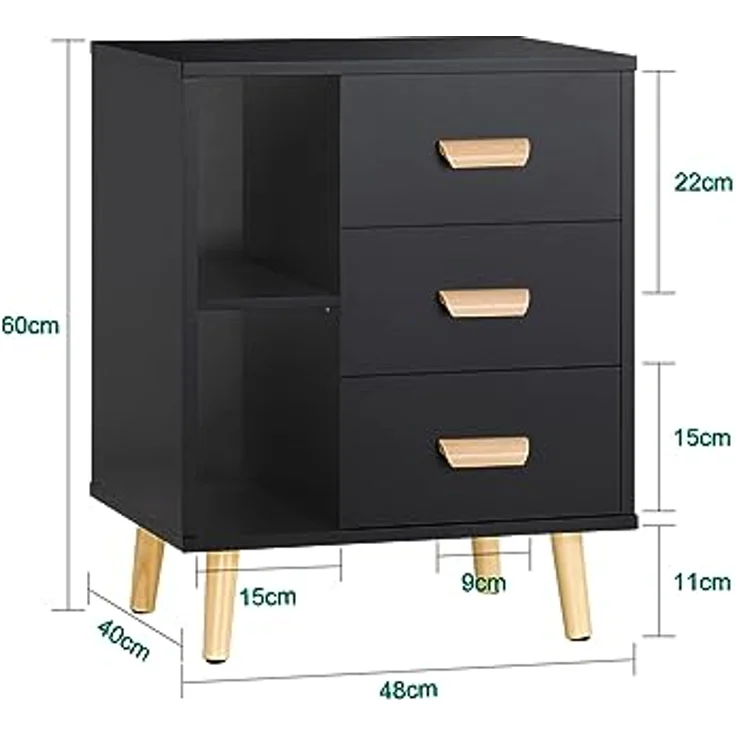 SoBuy Nachttisch FBT95-SCH, Beistelltisch mit 3 Schubladen, Schwarz, kompakte Maße und modernes Design – Bild 3
