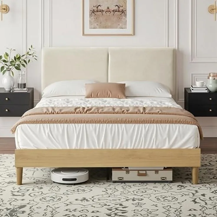 VECELO Polsterbett 140x200 cm, Doppelbett mit Höhenverstellbarem Kopfteil, Baumwoll Leinen Stoff, Stabiler Lattenrost, Geräuscharm und Einfach montierbar, für Schlafzimmer und Gästezimmer, Beige