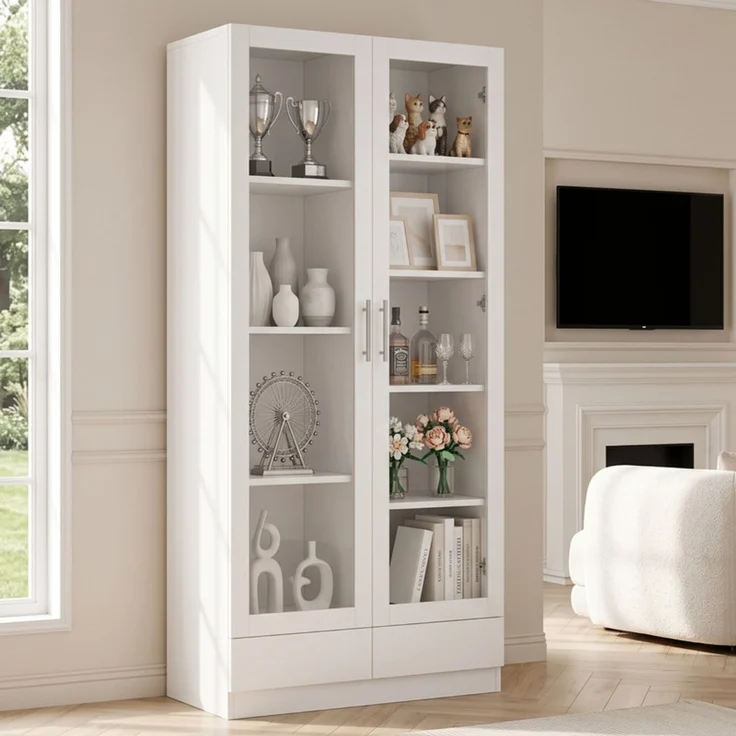 ZUBALIYA Aktenschränke, 80×40×160 cm, Hochschrank & Aufbewahrungsschrank mit 2 Schubladen, Weiß – Bild 4