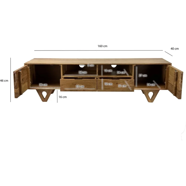 FINEBUY Lowboard FB114300 TV Board Massivholz 160cm Fernsehunterschrank Fernsehkommode (Natürliche Holzstruktur mit warmer Ausstrahlung), Clevere Aufteilung für Technik und Zubehör – Bild 3