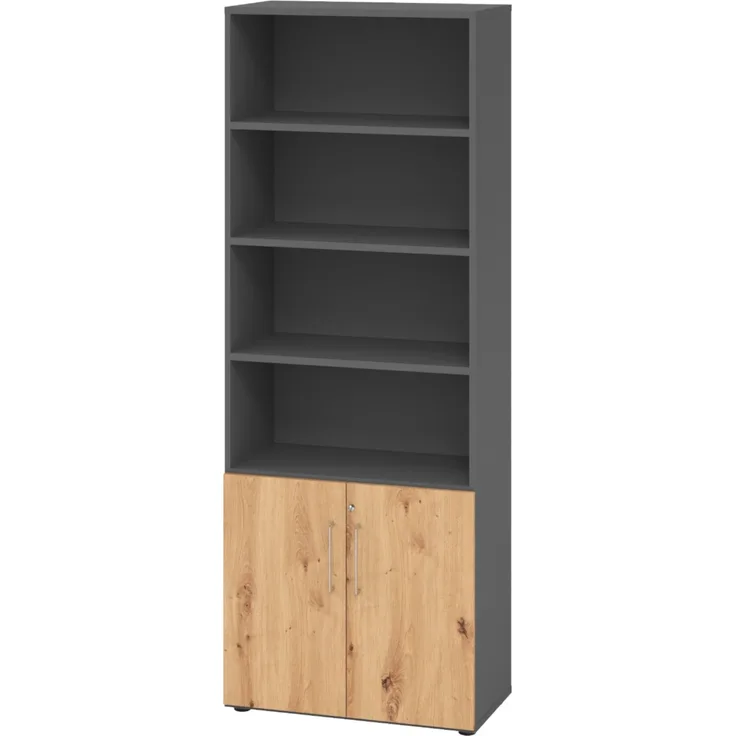 bümö Aktenregal & Schrank abschließbar, Büroschrank Regal Kombination Holz 80cm breit in Graphit/Asteiche - abschließbarer Schrank für's Büro & Arbeitszimmer, Büro Möbel Ordnerschrank, 968T2-G-R-BS