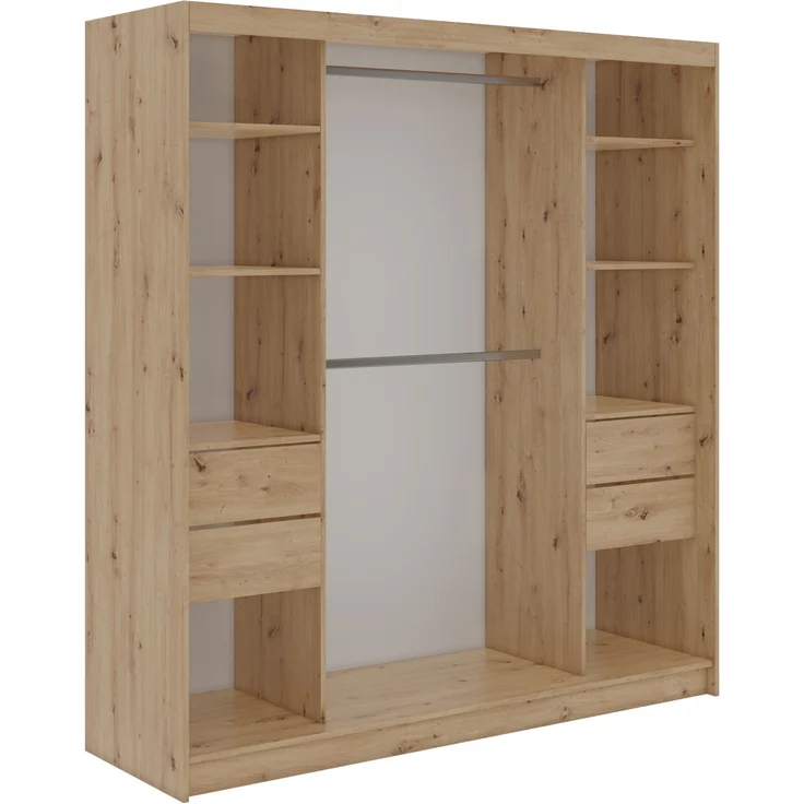 Kleiderschrank LAOS 200 cm Schiebetürenschrank Eiche Artisan mit Akustikpaneel-Design (Lamellen) Schwarz & Spiegel, Inkl. Innenausstattung - mit Schubladen – Bild 5