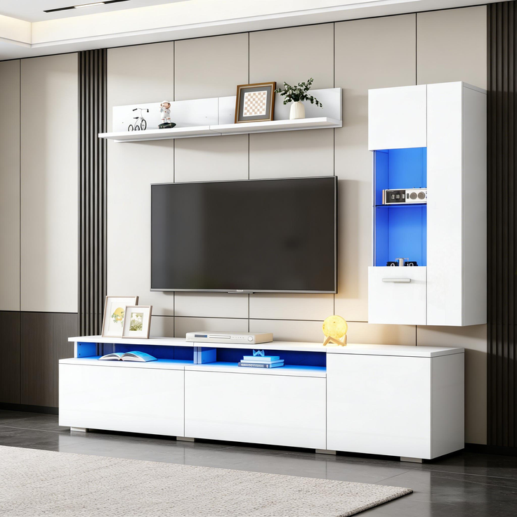 TV Wohnwand Set 3-teilig LED Beleuchtung Hochglanz Wohnzimmer Möbel Set Frontale Wohnwand 1 x TV Schrank, 1 x Wohnzimmer Vitrine, 1 x Hängeregal, TV bis 80' Weiß--Weiß--77.5x54.61x22cm--YOUDENOVA – Bild 6