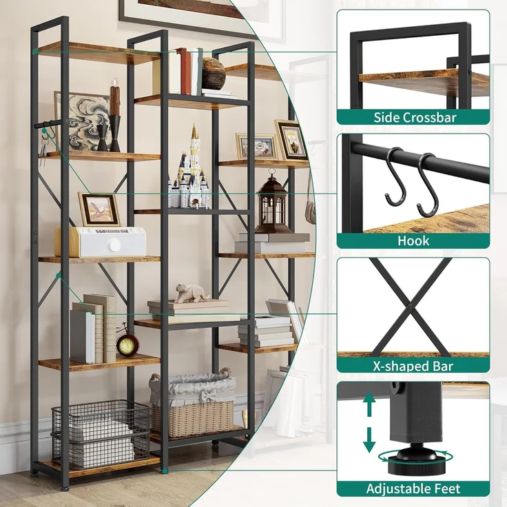 YITAHOME Industrielles Bücherregal 135 cm breit, Stehend Offen Aus Holz Und Metallrahmen Mit 14 Regalen, Präsentationsregal Für Wohnzimmer, Heimbüro, Vintagebraun – Bild 3