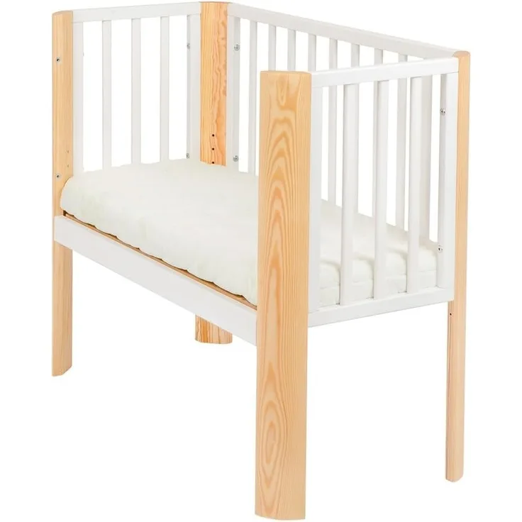 Baby Beistellbett Weiß und Natur mit Matratze, 90×40 cm