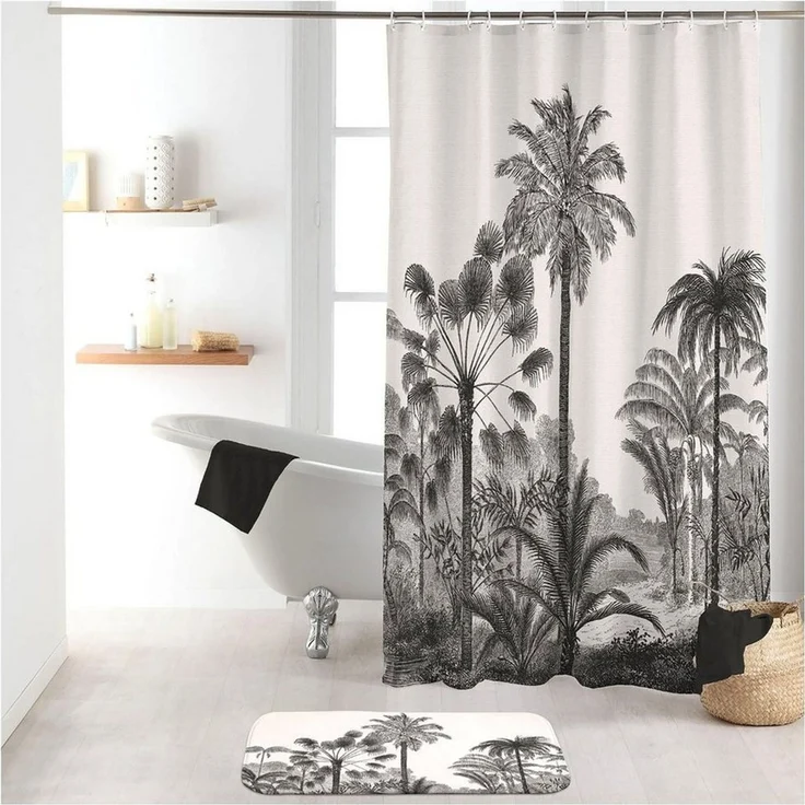 Sanixa Duschvorhang waschbar Badewannenvorhang Vorhang hochwertige Qualität mit Metallösen Breite 180 cm, Duschvorhang Textil 180x200 cm grau Palmen Strand wasserabweisend – Bild 1