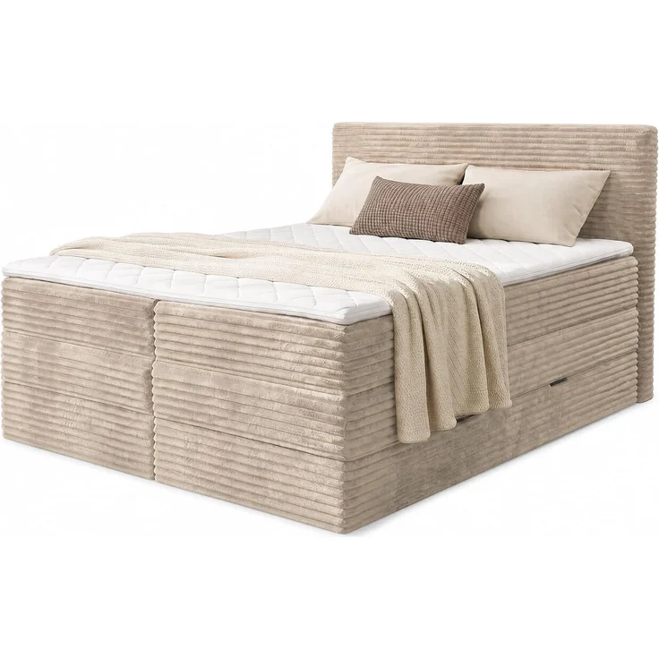 Boxspringbett Mollo XL mit 2 Bettkästen und Topper, mit Taschenfederkern- und Bonellfederkernmatratze, Doppelbett, Polsterbett aus Cordstoff mit Stauraum (Beige (Tilia 03), 160 x 200 cm) – Bild 1