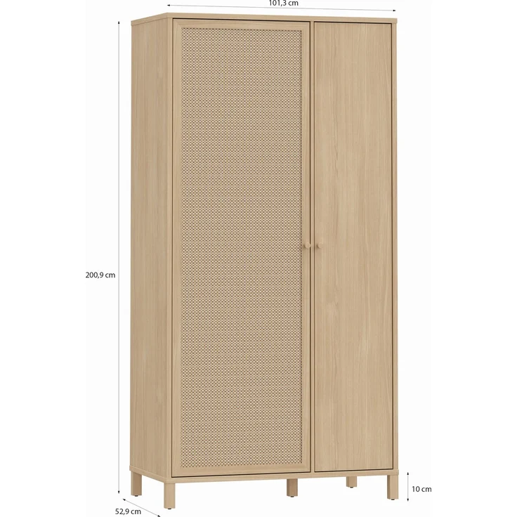 Forte SKELBIT Kleiderschrank 100, schmaler Schrank, 2-türig, Flur, Jugendzimmer, Schlafzimmer, Holzwerkstoff, Elegancia Eiche Holzdekor|Technorattan, 101,3 cm breit x 200,9 cm hoch x 52,9 cm tief – Bild 5