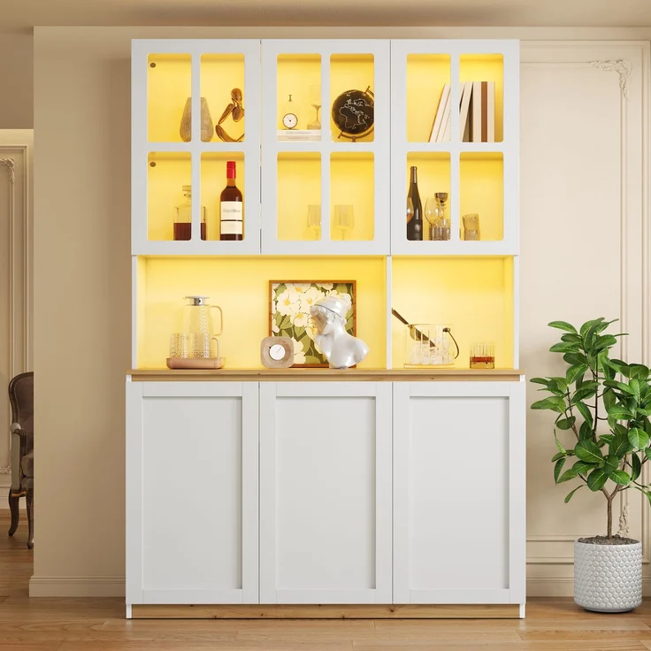 Vitrinenschrank 200x120x38 cm mit App-gesteuerter LED-Beleuchtung, Weiß-Eiche – Bild 3