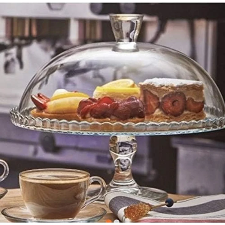 Kuchenteller mit Kuppelfuß, Gebäckserviceständer, breite Glasservierung, Dessert, Cupcake, Kekse mit Deckel, dekorative große Platte mit Stiel und Deckel – Bild 4