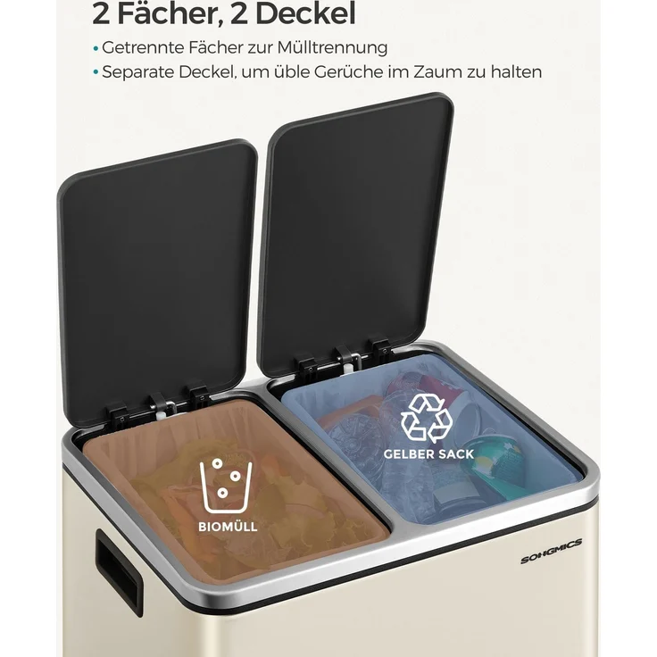 Songmics Mülleimer mit Deckel mit langsamem Verschluss, Inneneimern & Griffen, Sandbeige-Tintenschwarz, 2 Fächer, 2x15 Liter – Bild 3