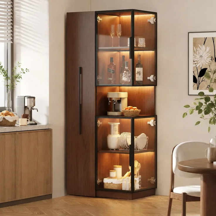 Vitrinenschrank 70x38x160 cm in Walnussoptik mit LED-Beleuchtung und ausziehbaren Seitenregalen