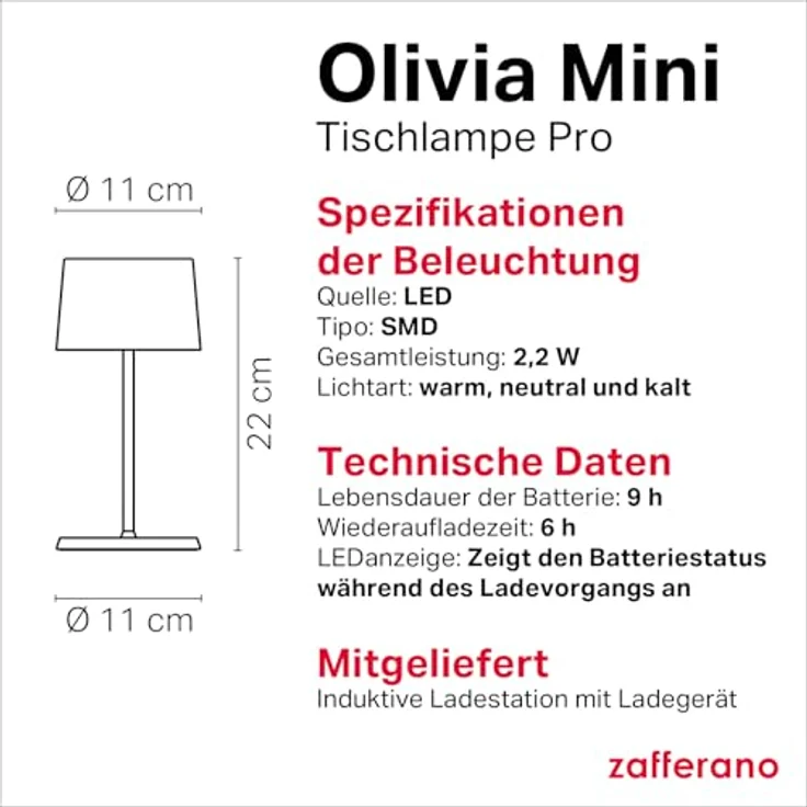 Zafferano, Olivia Mini Lampe, Tragbare und Wiederaufladbare Tischlampe mit Touch Control, Geeignet für Wohnzimmer und Außenbereich, Dimmer, 2200-3000 K, Höhe 22 cm, Farbe Dunkelgrau – Bild 5