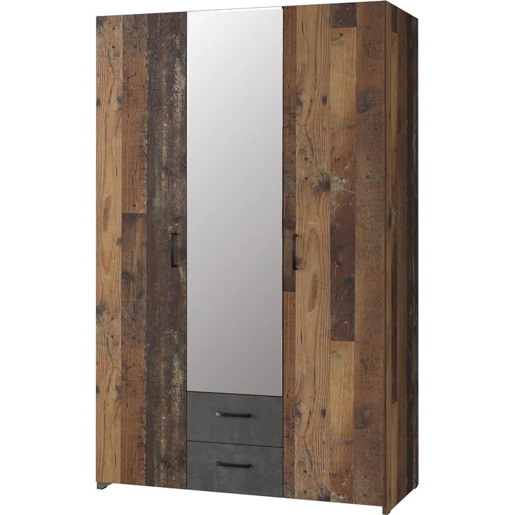 Forte ECONOBOX Kleiderschrank 120, rustikal, 3-türig, 2 Schubladen, Spiegel, Einlegeböden, Holzwerkstoff, Old Wood Vintage Holzdekor|Betonoptik Grau, 119,4 cm breit x 190,5 cm hoch x 54,4 cm tief – Bild 8