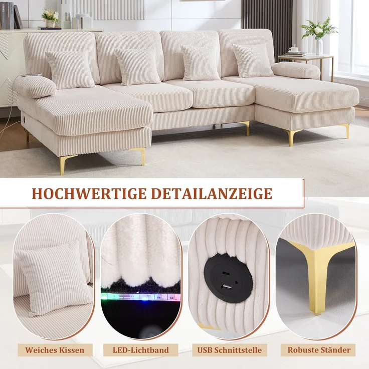 LVHOM U-Form Ecksofa mit Schlaffunktion & LED-Beleuchtung, Wohnzimmersofa mit USB-Anschluss, Cord Stoff Couch Sofa – Bild 5