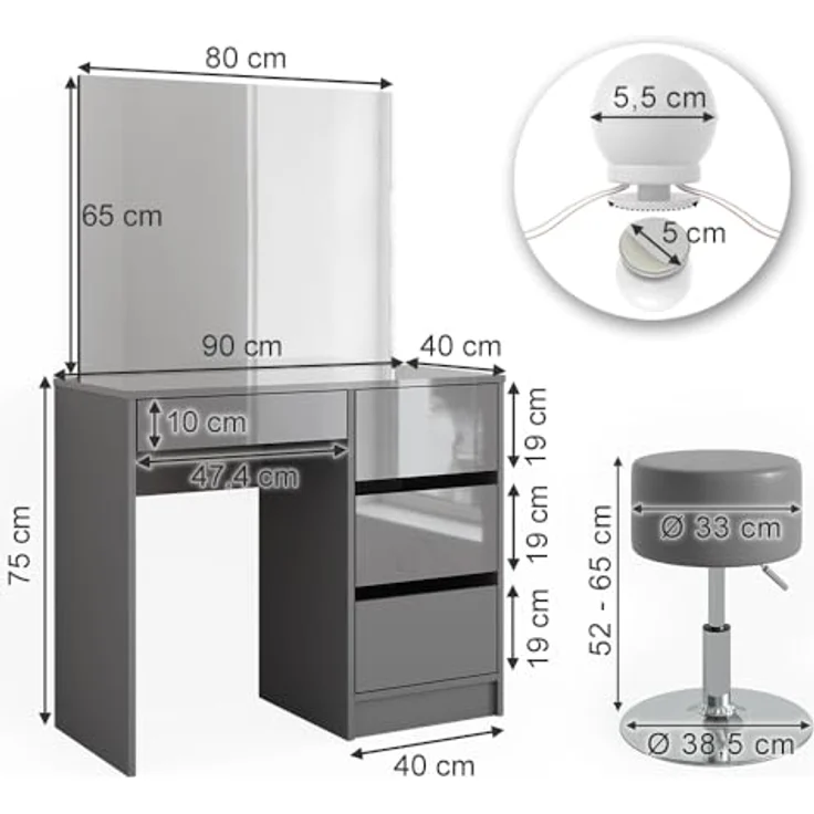 Vicco Schminktisch Sherry, Grau, mit LED-Spiegel, 4 Schubladen, 90x75x40 cm, Holzwerkstoff – Bild 3