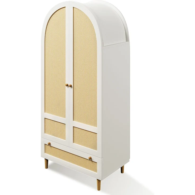 Kleiderschrank 80x50x180 cm aus Holz in Rattan-Optik, Schrank in Weiß mit Bogen-Design, Wäscheschrank mit Kleiderstange und Schublade, Garderobenschrank für Schlafzimmer, Kinderzimmer, Flur--Weiß--80x50x180cm--YOUDENOVA – Bild 6