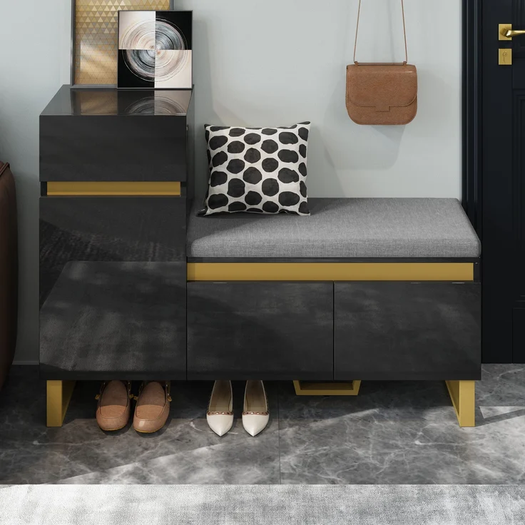 Schuhschrank aus MDF mit Sitzkissen & Schublade, 120x35x85 cm, Schwarz – Bild 1