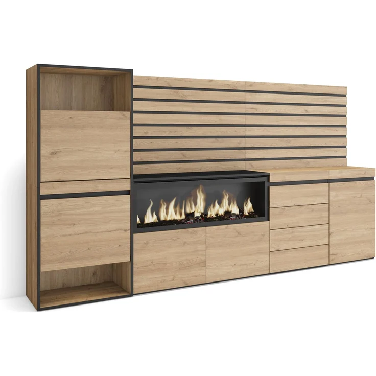 Skraut Home | Schuhregal, Schuhschrank | Schuhaufbewahrung | 274 x 145 x 35 cm | Für Schlafzimmer, Zimmer | Elektrokamin XXL | Kommode mit Schubladen | Lamellenwand Holz | Moderner Stil | Eiche