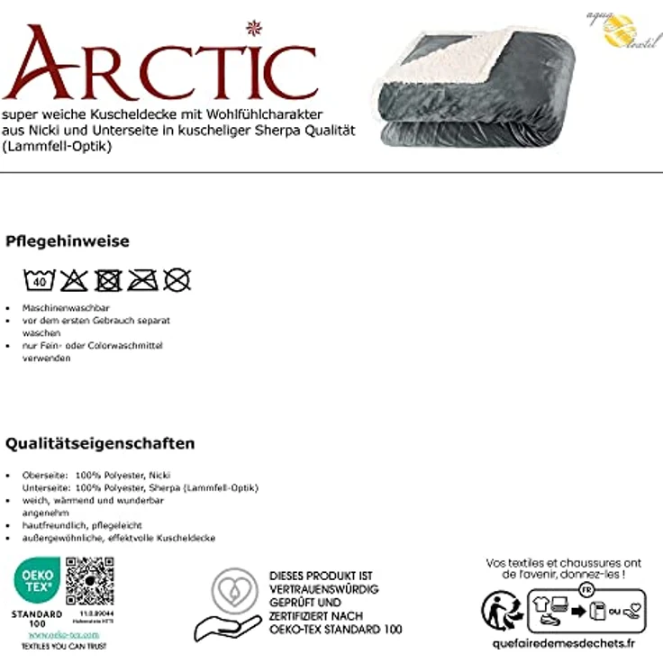 Wohndecke Arctic Kuscheldecke Sofadecke warm Nicki Felloptik 150x200cm grau, aqua-textil, bügelfrei,flauschig,kuschelweich,mollig warm,warm,effektvoll – Bild 8