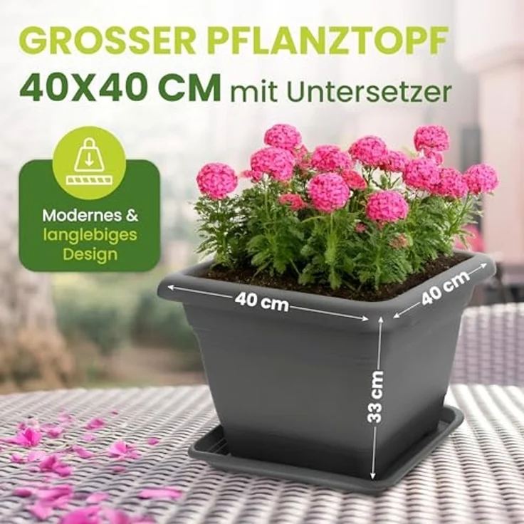 Centi Pflanzkübel Blumentopf Gross, Pflanzkübel Groß Außen mit Untersetzer (Spar Set, 6 St, 40*40cm eckig), Blumenkübel Pflanztöpfe Blumentöpfe Made in Germany, Anthrazit – Bild 3