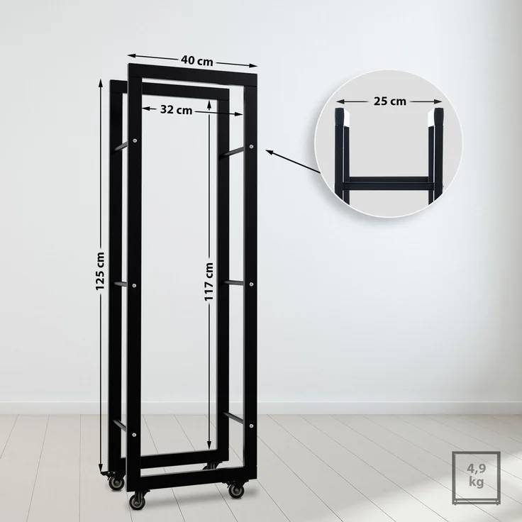 DELUKE® Kaminholzregal innen Metall SATLO - mit Rollen Brennholzregal innen Kaminholzständer Kaminholzhalter Feuerholzregal Innen Schwarz, 25x40x125cm – Bild 3