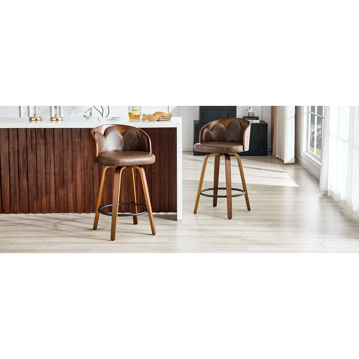 2er Set Barhocker mit Blüten-Rückenlehne, Bugholz, PU-Leder, Metall-Fußstütze, modern--Braun--89x41.5x46.5cm--YOUDENOVA – Bild 4