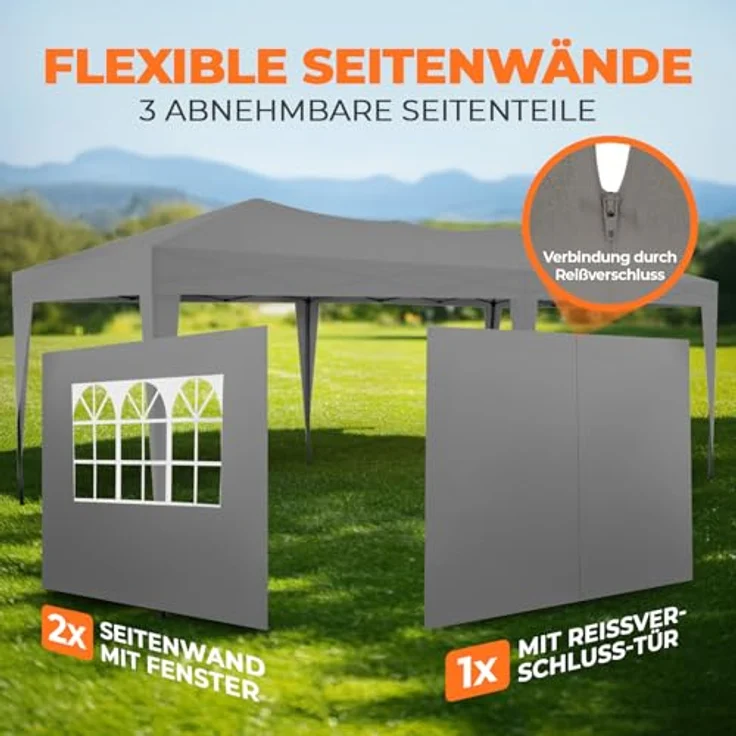 Kronenburg Faltpavillon wasserdicht Pavillon mit 3 Seitenteilen, Gartenzelt, 3x6 m - mit UV Schutz 50+, Grau – Bild 7